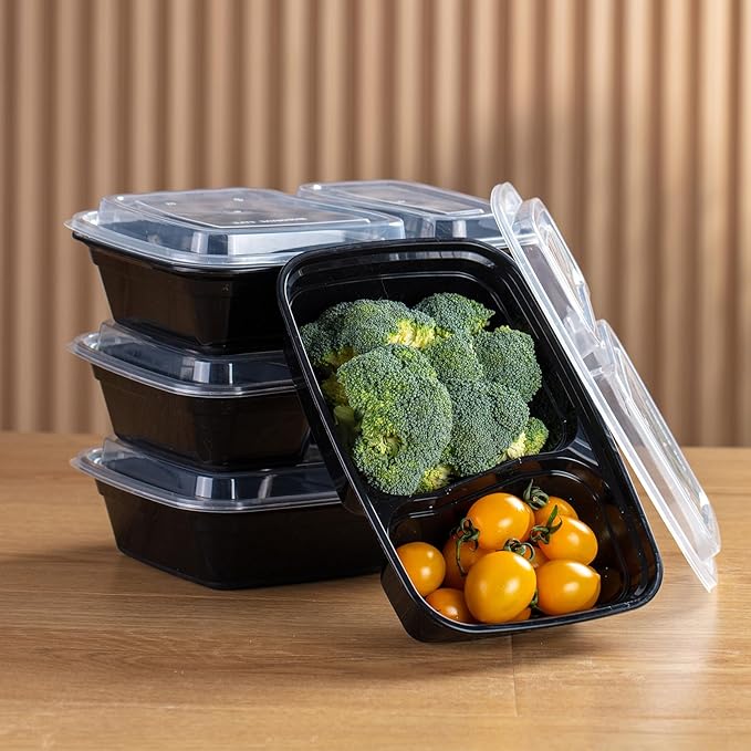 30oz Meal Prep Containers (50-Pack) - Reusable Bento Box Style, 2 Compartments for Portion Control - Leakproof, Microwave & Dishwasher Safe, Perfect for Healthy Lunches