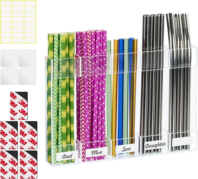 Upgraded Acrylic Straw Holder for Cabinet Door, Fridge & Countertop–Magnetic/Adhesive Dual Mount, Strong Hold, Space-Saving Straw Organizer with Adhesive Tape, Magnetic Sheet