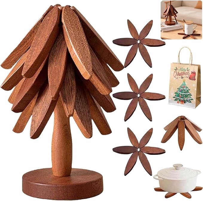 Natural Tree Trivet Set 4 Wooden Trivets and 1 Stand Like a Christmas Tree Wooden Hot Pads Heat Resistant Trivets for Kitchen Table Decor (Walnut-3 Piece)
