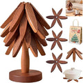 Natural Tree Trivet Set 4 Wooden Trivets and 1 Stand Like a Christmas Tree Wooden Hot Pads Heat Resistant Trivets for Kitchen Table Decor (Walnut-3 Piece)