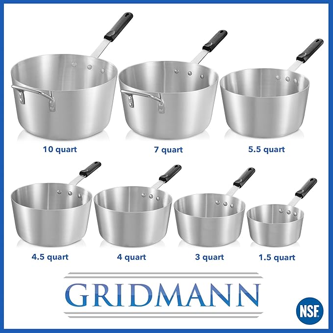 GRIDMANN 1.5-Quart Tapered Aluminum Sauce Pan with Silicone Handle, NSF Listed Heavy Duty Professional Cookware