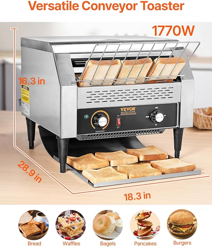 VEVOR 1770W Commercial Conveyor Toaster, 450 Slices per Hour, Heavy Duty Electric Toaster Oven, Food-Grade 304 Stainless Steel Conveyor Belt, Dual Knob Control, for Restaurant Bakery Bread Bagel Bun