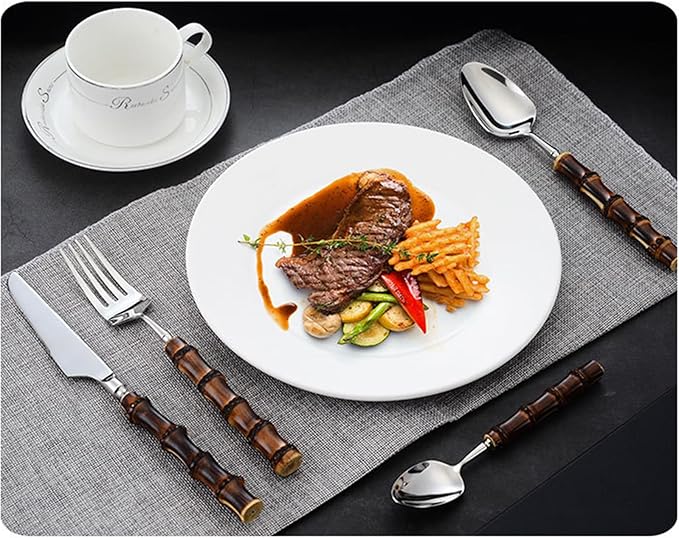 Wood Bamboo Silverware Set for 6 Cutlery Flatware Set Elegant Tableware Stainless Steel Cutlery Utensil Sets for Home Kitchen Restaurant Wooden Handle Dishwasher Safe 24 Pieces