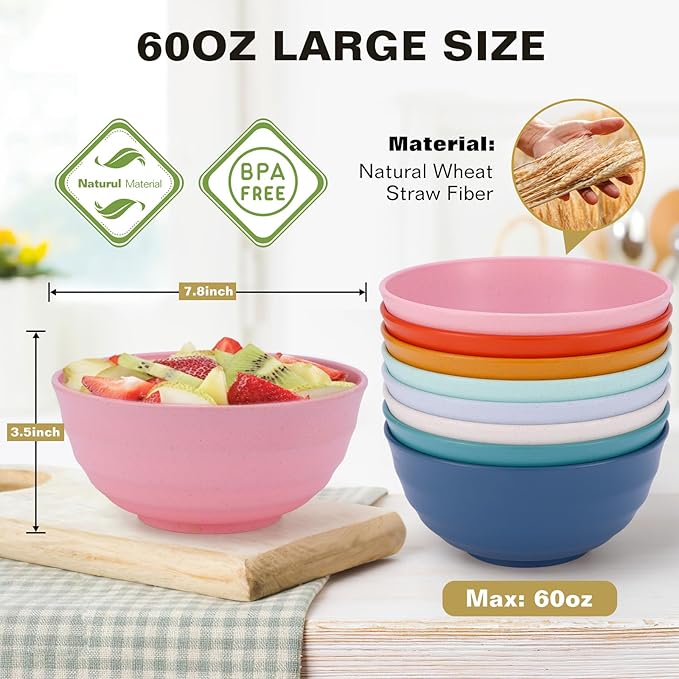 60 Oz Cereal Bowls, Deep Large Plastic Soup Salad Bowls Set of 8, Unbreakable Reusable Wheat Straw Dinnerware Sets Dishwasher Safe BPA-Free for Kitchen Pho Ramen, Black