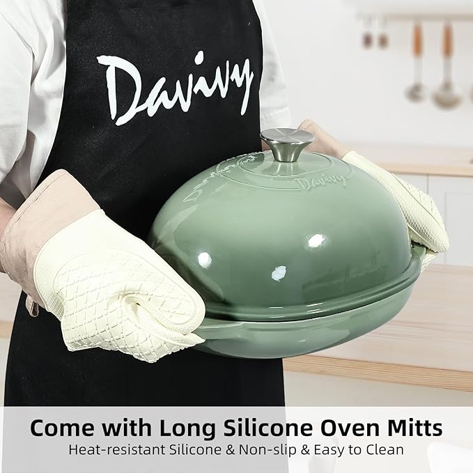 Davivy 6QT Oval Bread Dutch Oven with Silicone Oven Mitts, Enameled Cast Iron Bread Cloche Dutch Oven for Sourdough 6QT, Cast Iron Sourdough Bread Baking Pan with Domed Lid - Sea Salt Green