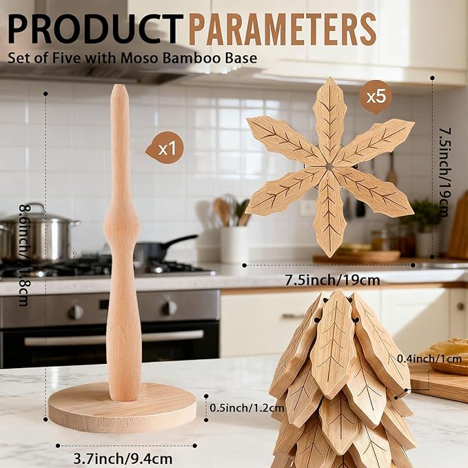 Wooden Trivets for Hot Dishes, 5Pcs Moso Bamboo Christmas Tree Coaster Set with Storage Stand for Pots, Pans & Plates