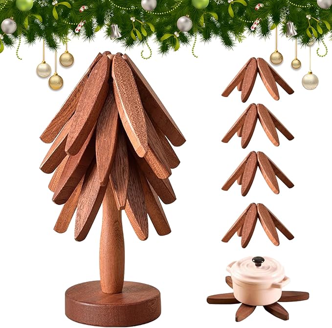 Wooden Trivets for Hot Dishes, Tree Shape Trivet Set, Foldable Kitchen Wooden Trivets, Tree Coaster for Hot Dishes、Pot、Bowl、teapot、hot Pot Holders (4 Piece-Walnut)