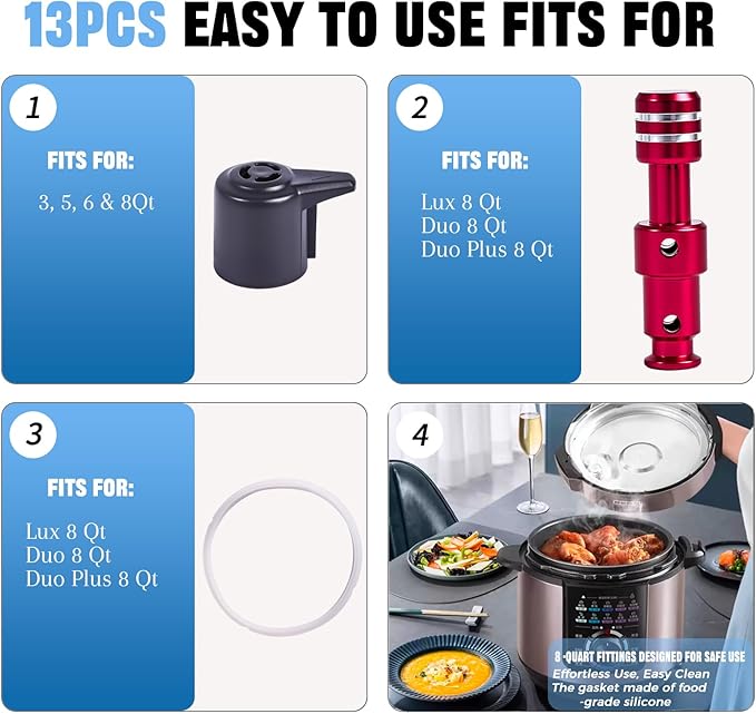 13 PCS sealing ring 8 qt,for Duo Plus 8 Quart Electric pressure cooker valve Replacement Parts with Include silicone gasket Steam Release Valve Float Valve Anti-Block Shield Condensation Collector