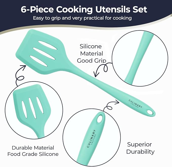 Culinary Couture Aqua Sky Silicone Cooking Utensils Set - Sturdy Steel Inner Core - Spatula, Mixing & Slotted Spoon, Ladle, Pasta Server, Drainer - Heat Resistant Kitchen Tools - Bonus Recipe Ebook