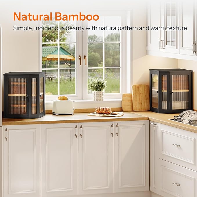 HOOBRO Bamboo Bread Box, Kitchen Countertop Corner Bread Box, Large Capacity 2-Tier Bread Container, Bread Storage Container with Dual Rippled Acrylic Doors, for Kitchen Food Storage, Black BK12MB01