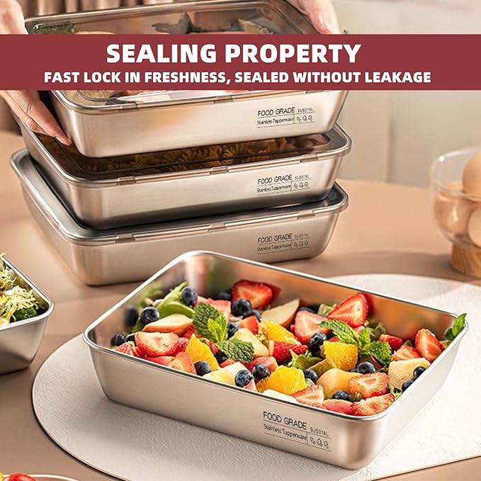 Stainless Steel Food Storage Containers with Lids (2 Pack) - Leak Proof Stackable Meal Prep Containers, BPA-Free Food Safe, 10x7.8x2.1in Rectangular Lunch Containers for Leftovers, Fruits, Deli