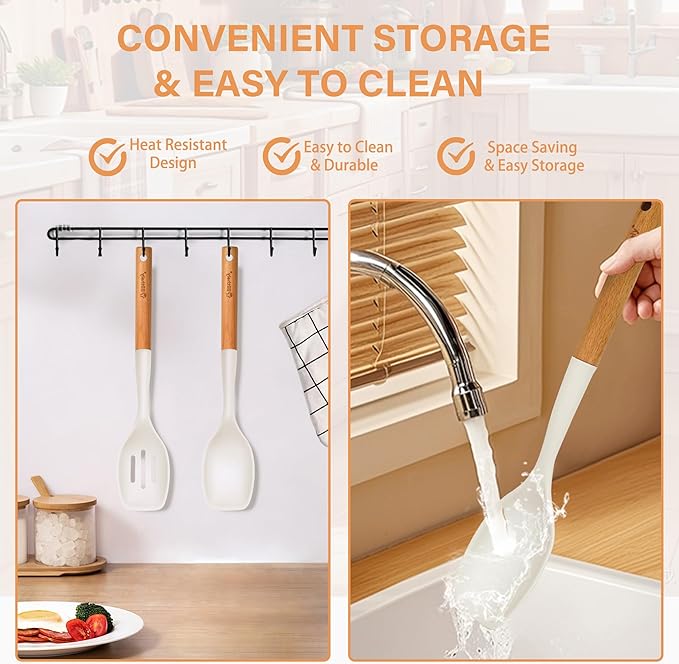 Large Silicone Kitchen Utensils Set, 4 PCS Cooking Utensils Set with Wooden Handle, Heat Resistant Silicone Utensils Kit for Cooking, BPA Free and Nonstick Spatula Set with Turner Spoon Ladle(White)