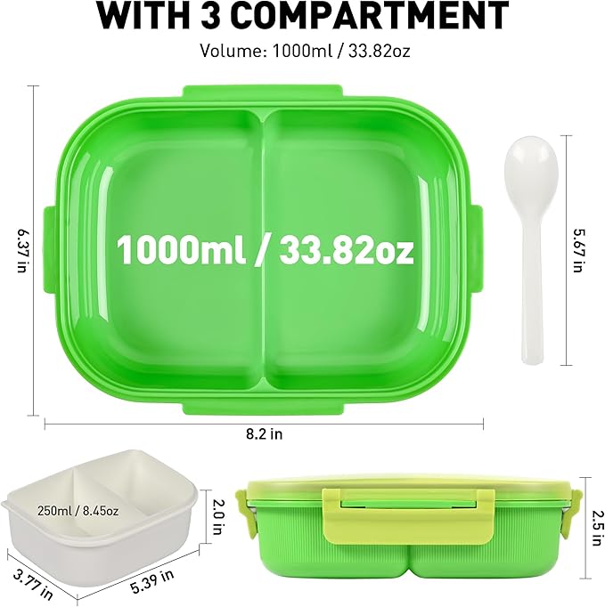 Bento Box with Removable Compartments for Adults & Kids - 1000ml Leak Proof Lunch Box with Utensils, BPA-Free, Microwave & Dishwasher Safe, Portable(Green)
