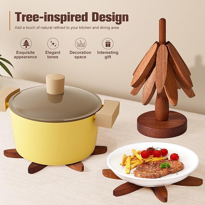 Wooden Trivets for Hot Dishes - Christmas Tree Coasters Set, Tree Shape Trivet With Stand, 4 Pieces + 1 Stand (Walnut Wood, 8.7)