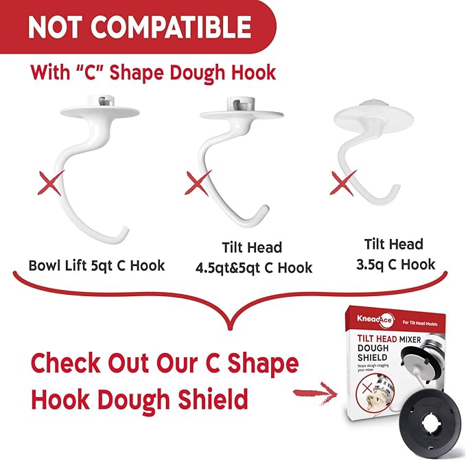 KneadAce Spiral Dough Hook Shield For kitchenaid Mixer-Prevents Dough from Clogging Your Bowl Lift Mixer- Compatible With KitchenAid Dough Hook. (With 2 Adapters-Fits All KA Spiral Hooks)
