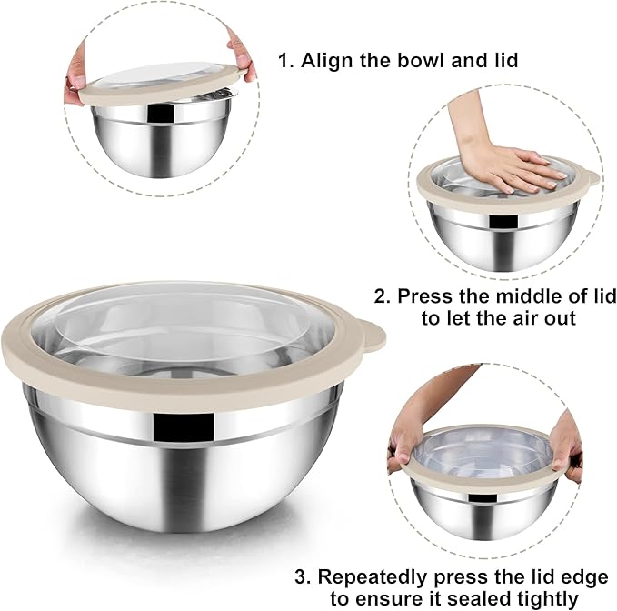 TeamFar Mixing Bowls with Lids, 4.5/3/1.5 QT Stainless Steel Nesting Salad Bowls with Airtight Lids, For Serving/Mixing/Storing/Prepping, Healthy & Sturdy, Visible & Easy Clean, Khaki, Set of 3