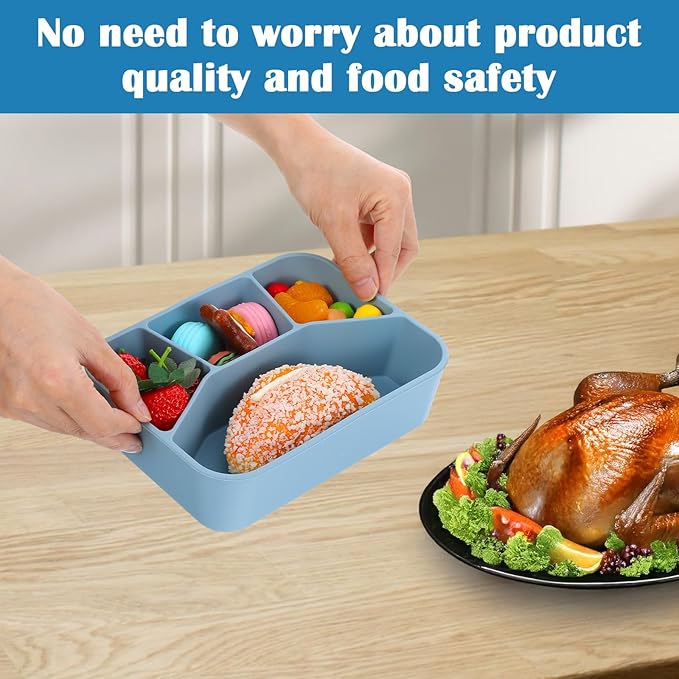 2 Pack Silicone Bento Boxes, 4 Compartment LeakProof Lunch Container, 42 OZ Unbreakable Meal Prep Food Storage Container, Food-Grade Divided Lunch Box for Adult Kid, BPA Free, Oven Dishwasher Safe