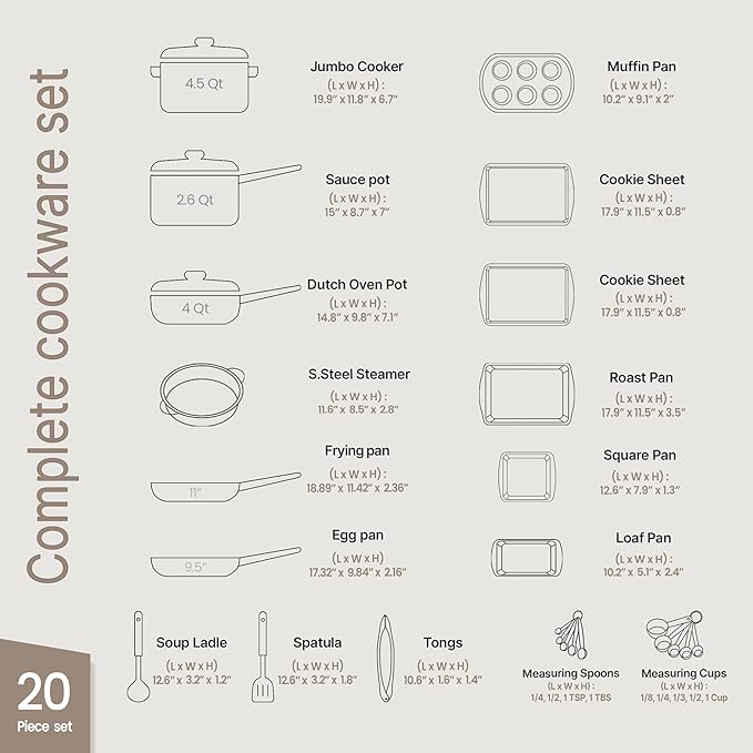Bakken-Swiss 20-Piece Kitchen Cookware Set – Granite Non-Stick – Eco-Friendly – for All Stoves & Oven-Safe - Marble coating