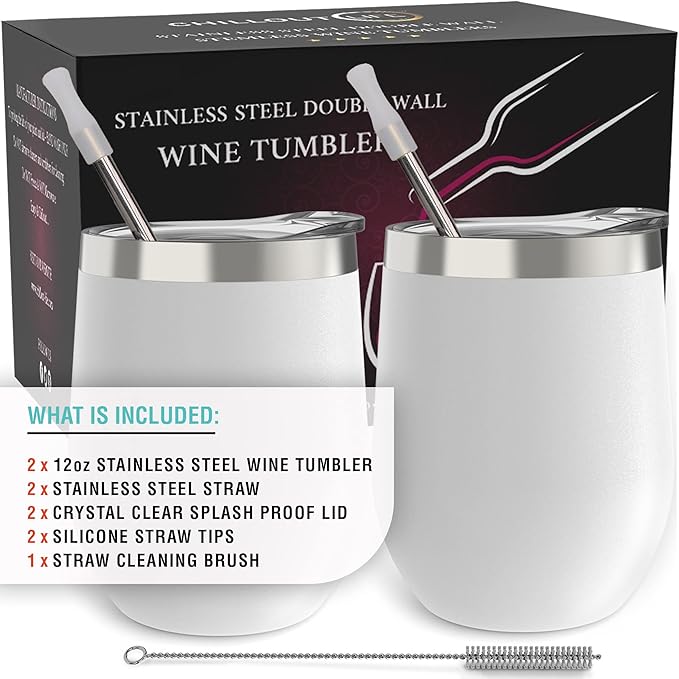 CHILLOUT LIFE 12 oz Stainless Steel Wine Tumblers 2 Pack - Double Wall Vacuum Insulated Wine Glasses Cups with Lids and Straws Set Keeping Cold & Hot for Coffee, Beer, Ice Cream - Powder Coated White