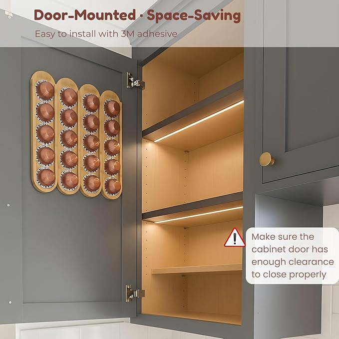 Bamboo Coffee Pod Holder, Adhesive Wall Mount for Cabinet Door, 20-Capsule Storage (Set of 4) — Vertical/Horizontal — Compatible with Nespresso Vertuo Line-Bamboo Brown