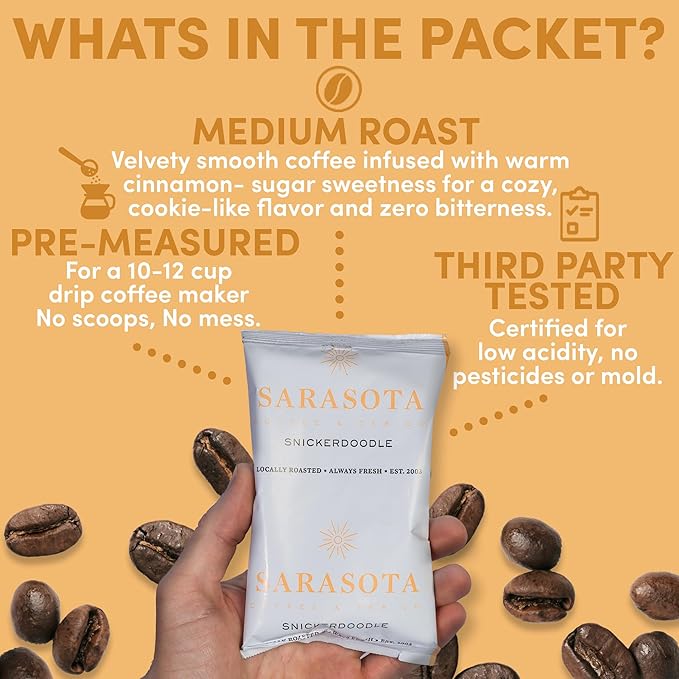 Snickerdoodle Flavored Ground Coffee Packs – 2oz Pre-Measured Medium Roast for 12-Cup Drip Makers | Low Acid Mold-Free Gourmet Single-Pot Pouches | 36 Count by Sarasota Coffee