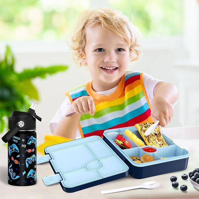 Bevalsa Kids Bento Lunch Box with 6 Compartment, Stainless Steel Metal Water Bottle, Insulated Bag & Utensils, BPA-Free Leakproof Food Container for School Boys Girls, Back To School Gift