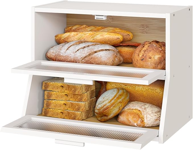 White Large Bread Box for Kitchen Counter, Bamboo Wooden Double Layer Large Capacity Bread Storage Bin with Acrylic Wavy Door Panel
