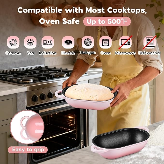 Onader Enameled Cast Iron Dutch Oven, 2.8QT Dutch Oven Pot with Lid for Sourdough Bread Baking, Oval Meatloaf Pan, Heavy Duty - Pink