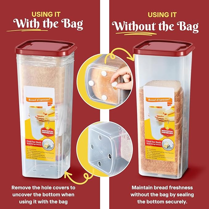 Flexzion 2 Pack Bread Containers Storage Airtight Loaf - Clear Bread Box for Kitchen Countertop BPA-Free Bread Loaf Storage Container Space-Saving & Durable Plastic Bread Container & Dispenser, Red