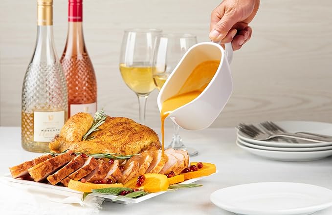 Kook Gravy Boat, Ceramic Serving Dish, Dispenser for Sauces, Dressings and Creamer, Large Handle, Microwave and Dishwasher Safe, 14 oz, White