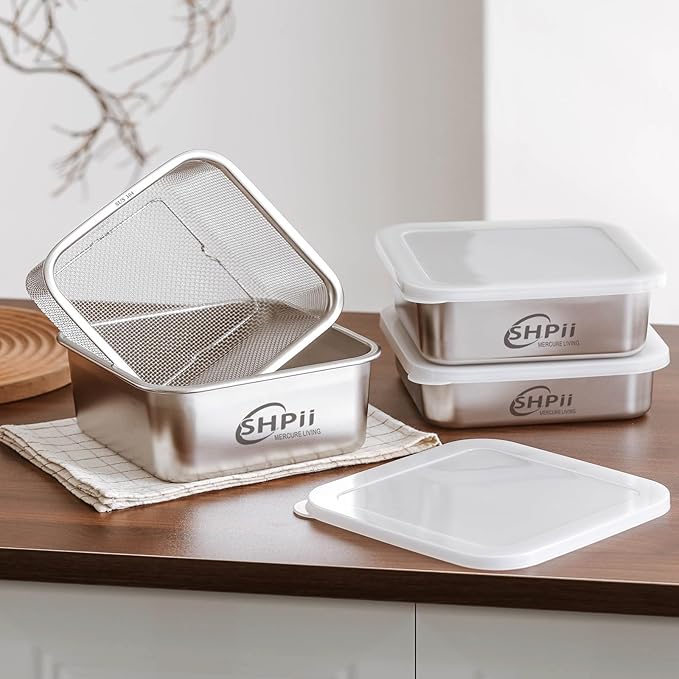 Square Colander Set, 304 stainless steel, with PE lid, deli containers, back of the kitchen preparation, washing and draining tools, refrigerator storage, frying oil filter (2500ML)