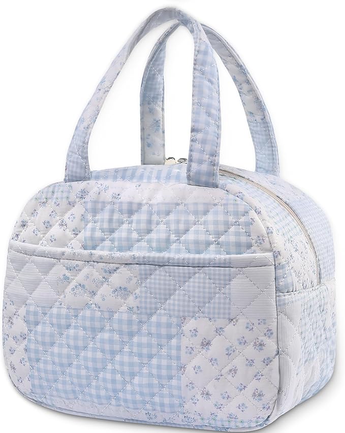 Quilted Lunch Box for Women,Cute Blue Patchwork Lunch Bags for Work, School,Office,Picnic,Travel(green blue pin)