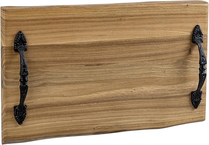 MyGift 14 Inch Vintage Solid Reclaimed Wood Serving Tray with Black Metal Handles, Rustic Wooden Decorative Display Platter, Home Table Kitchen Counter Decor