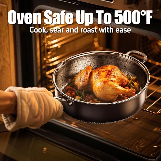 5 Qt Sauté Pan with Lid, 10-inch 5 Ply Stainless Steel Sauce Pan with Lid, Non Stick Frying Pans, Cooking Pot Deep Frying Pan Non-Toxic, For Induction, Oven, Dishwasher Safe