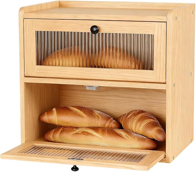 Wooden Bread Box for Kitchen Countertop Large Capacity Corner Bread Box Bread Storage Container with Clear Acrylic Window