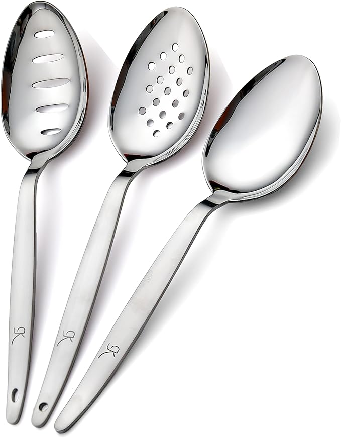 3-PCS Kunz Spoon | 9 Inch 18/10 Stainless Steel Serving Spoons Set Include Serving Spoon, Slotted and Perforated Spoons, Perfect for Basting, Plating, Quenelle, Sauces