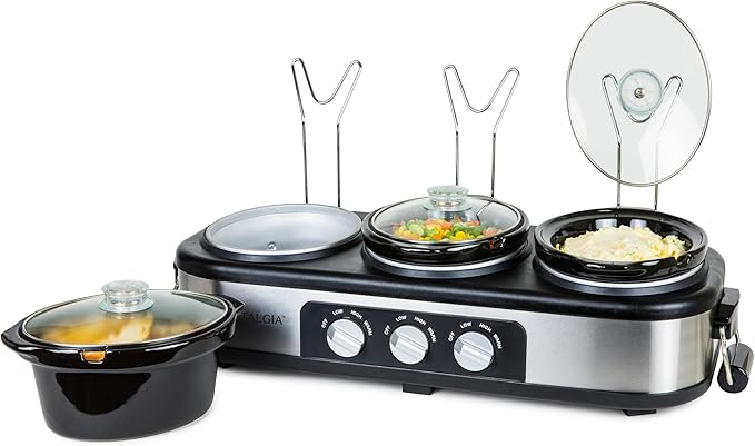 HomeCraft Nostalgia Stainless Steel 3-Station 1.5-Quart Oval Slow Cooker Buffet, With Lid & Spoon Rest, Adjustable Heat Control, Perfect for Parties, Holidays, Families