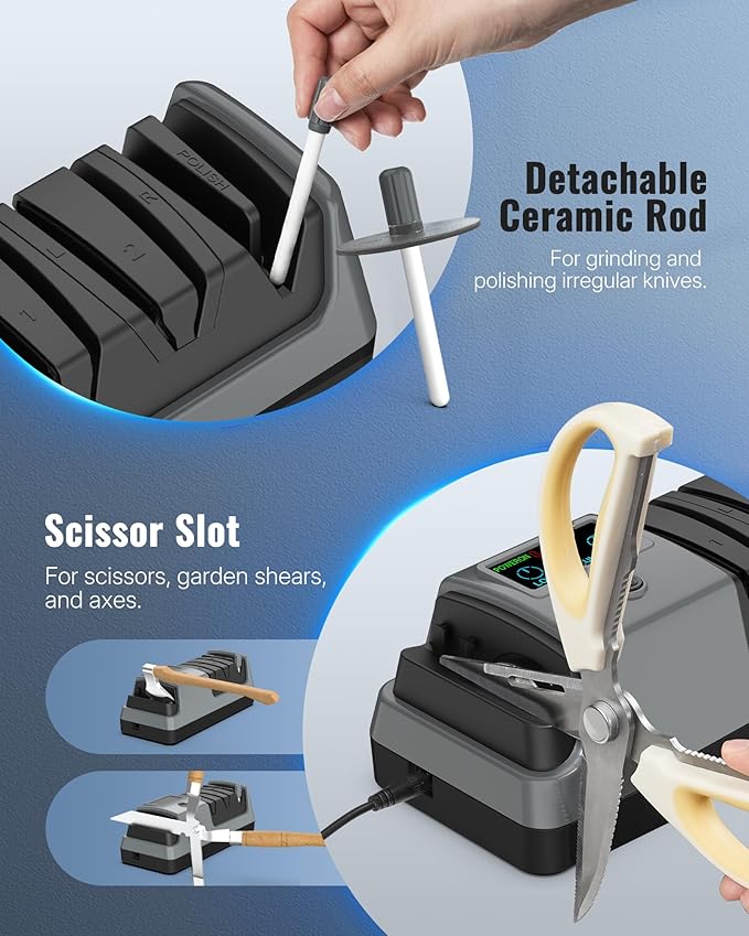 Electric Knife Sharpener, 5-in-1, 3 Rotational Speed Adjustable Electric Knife Sharpener for Straight/Serrated/Ceramic Knives, Scissors, Chef Knives, Axes, Grey H01KS06