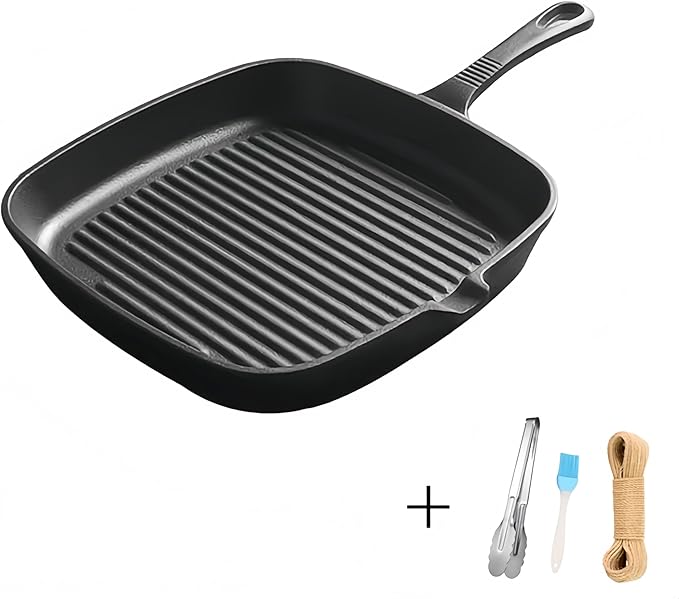 Cast Iron Grill Pan, 9.5 inch Square Grill Pan Skillet with Pour Spout, Cast Iron Griddle Pan with Small Meat Tong, Oil Brush & Hemp Rope for Stove Tops, Gas, Induction, Oven, Grill, Campfire