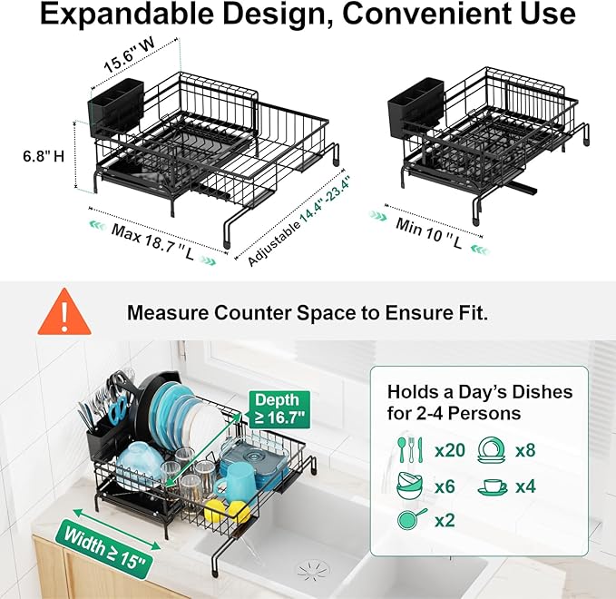 GSlife Expandable Dish Drying Rack - Small 2-in-1 Dish Racks for Kitchen Counter and Sink, Compact Dish Rack with 2 Pan Slot & High Raised Edges for RV and Apartment, 18.7"-11.4" L x 15.6" W, Black