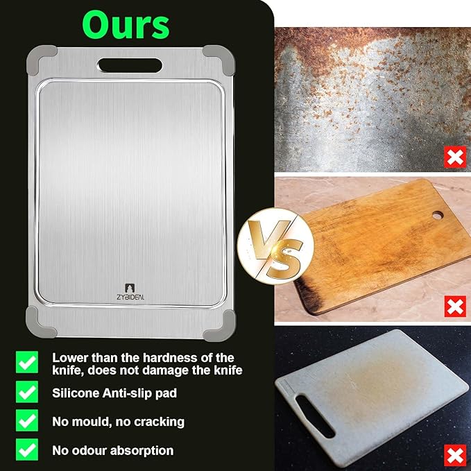 100% Pure Titanium Cutting Board with Grooves, Update Double Side Titanium Chopping Board, Silicone Anti-slip Stainless Cutting Boards for Kitchen 12 * 18 IN, Grey