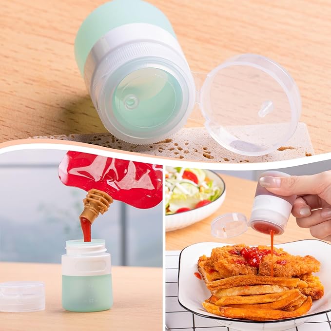 8-Pack Salad Dressing Container To Go, 1-oz Silicone Small Condiment Squeeze Bottles and 1.6 oz Stainless Steel Sauce Containers Cups, Leakproof Condiment Containers with Lids for Lunch Box