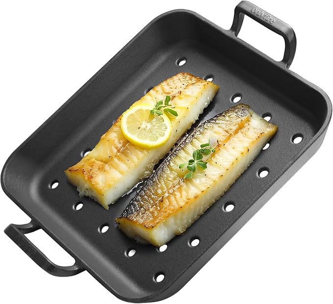 onlyfire Cast Iron Skillet, 12 Inch Pre-Seasoned Square Steak Pan with Nonstick Perforated Grill Surface and Dual Handles, Cast Iron Grill Pan Frying Pan for Grill, Oven and Stovetops