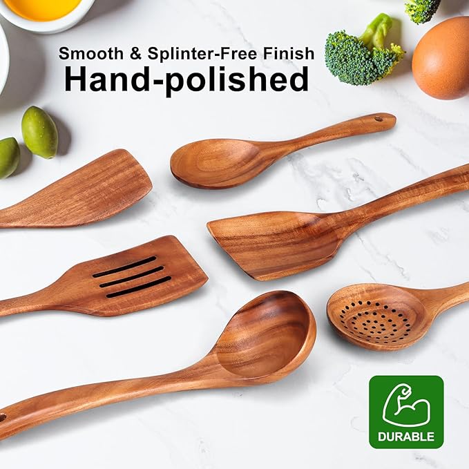 6 Piece Teak Wood Kitchen Utensil Set - Non-Scratch & Non-Toxic Kitchen Cooking Tools with Turner, Slotted Spatula, Angled Spatula, Skimmer, Serving & Salad Spoons