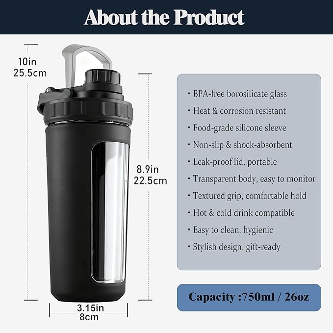 Glass Shaker Cup Odorless BPA Free– Glass Shaker Bottle for Protein 26oz Durable Borosilicate Glass, Leak-Proof & BPA-Free – Ideal for Creamy Protein Shakes, Smoothies & Workout Drinks (Black)