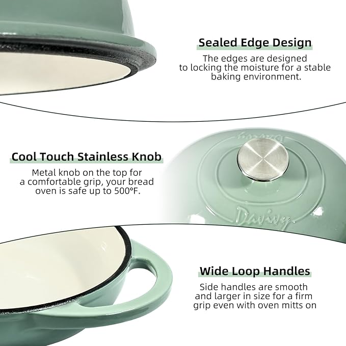 Davivy 6QT Oval Bread Dutch Oven with Silicone Oven Mitts, Enameled Cast Iron Bread Cloche Dutch Oven for Sourdough 6QT, Cast Iron Sourdough Bread Baking Pan with Domed Lid - Sea Salt Green