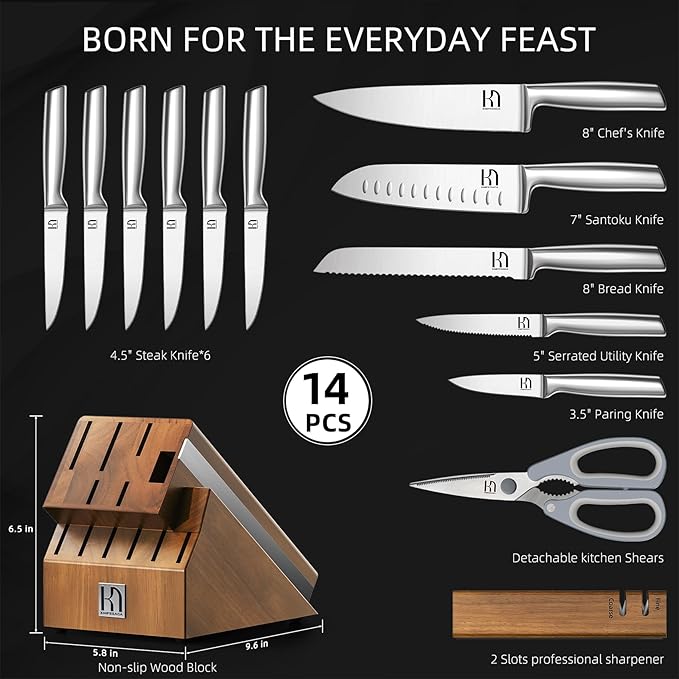 Knife Block Set with Two-stage Sharpener, 14-Piece | Razor Sharp Japanese Stainless Steel Kitchen Knives with Ergonomic Handles