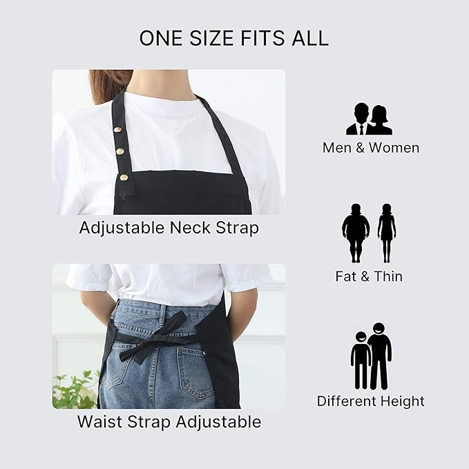 Aprons for Women Men BBQ Chef Cooking Artist Water Drop Resistant Canvas Adjustable Kitchen Apron with Pockets for Unisex Grill Baking Painting Art Stylist Dishwashing Comfortable Aprons (black)