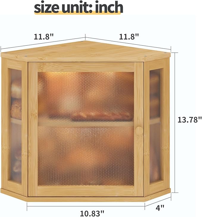 Corner Bread Box for Kitchen Countertop,Bread Storage for Homemade Bread, Double Layer Large Bamboo Kitchen Storage Bin with Window (Natural, Medium)