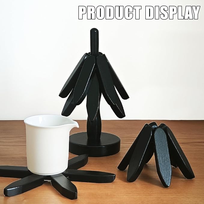 Wooden Trivets for Hot Dishes, Tree Shape Trivet Set, 4 Walnut Wood + 1 Stand stored Like a Christmas Tree,Foldable Kitchen Wooden Trivet,for Hot Dishes、Pot、Bowl、Teapot、Hot Pot Holder (Black)